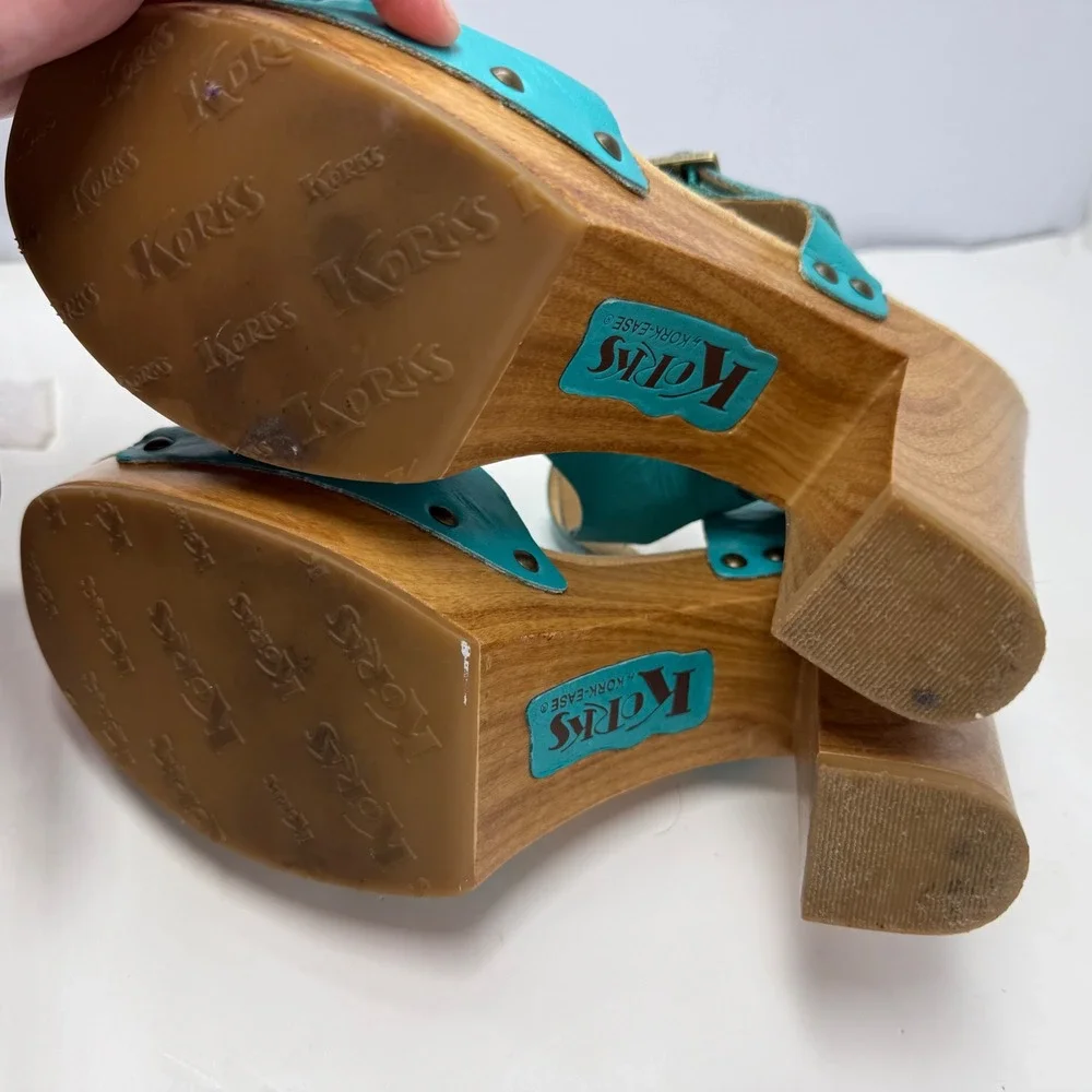 Korks by Kork-Ease Womens Turquoise Leather Floral Wood Platform Sandals Q65413